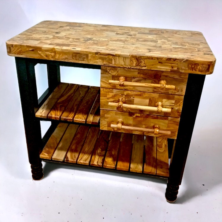 Olive Wood Table Butcher Block, Kitchen Butcher Block, small Kitchen island, Kitchen Table with 3 drawers