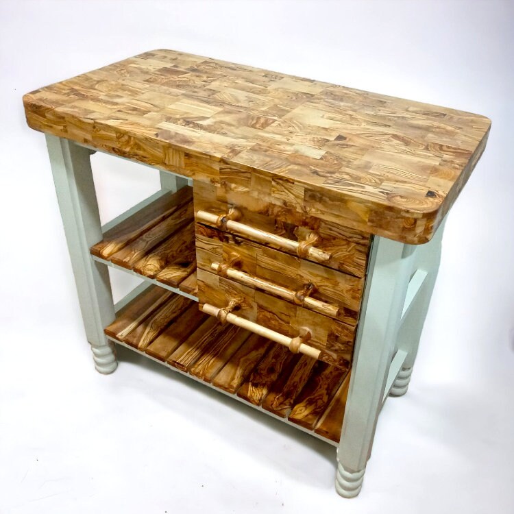 Olive Wood Table Butcher Block, Kitchen Butcher Block, small Kitchen island, Kitchen Cart with 3 drawers