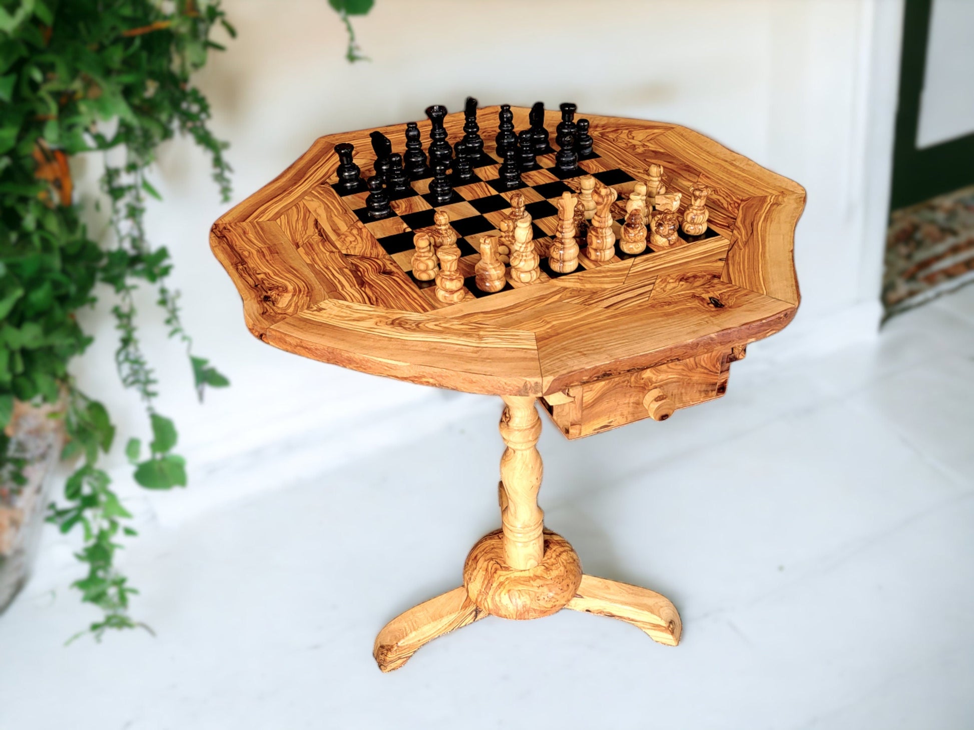 Olive Wood Chess Set 3 Legged Wooden Display Table With Built-In Chess Board