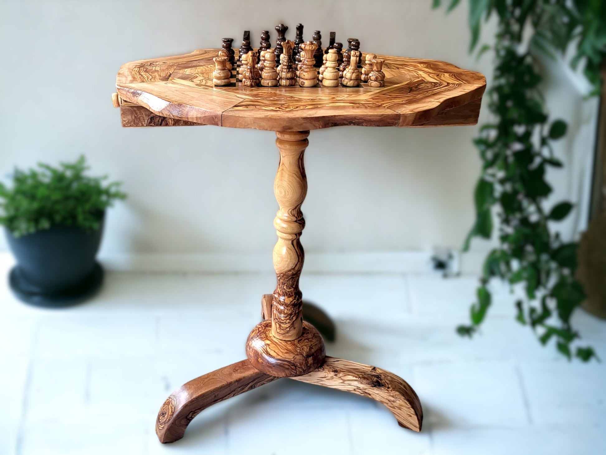 Olive Wood Chess Set 3 Legged Wooden Display Table With Built-In Chess Board