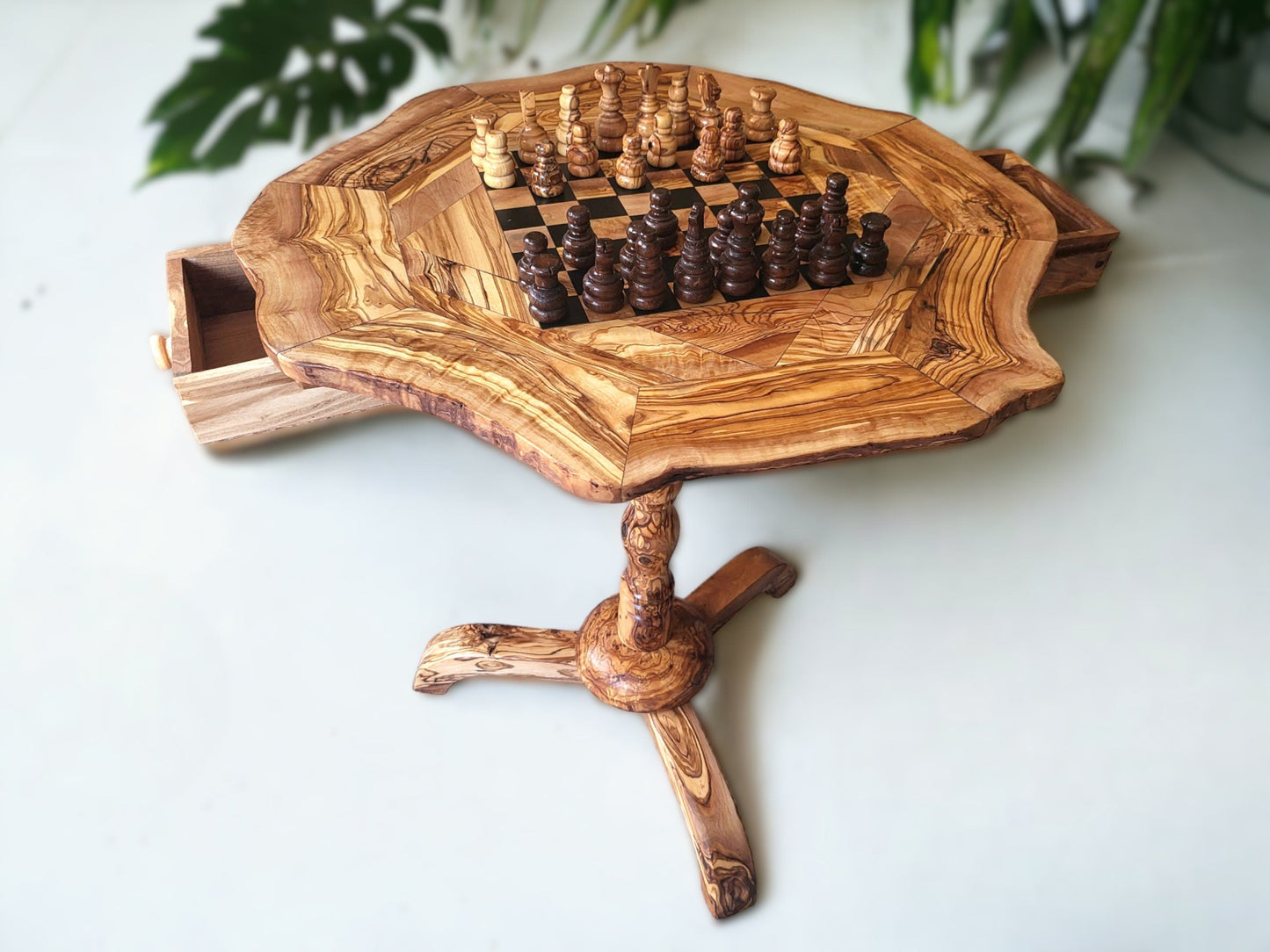 Olive Wood Chess Set 3 Legged Wooden Display Table With Built-In Chess Board