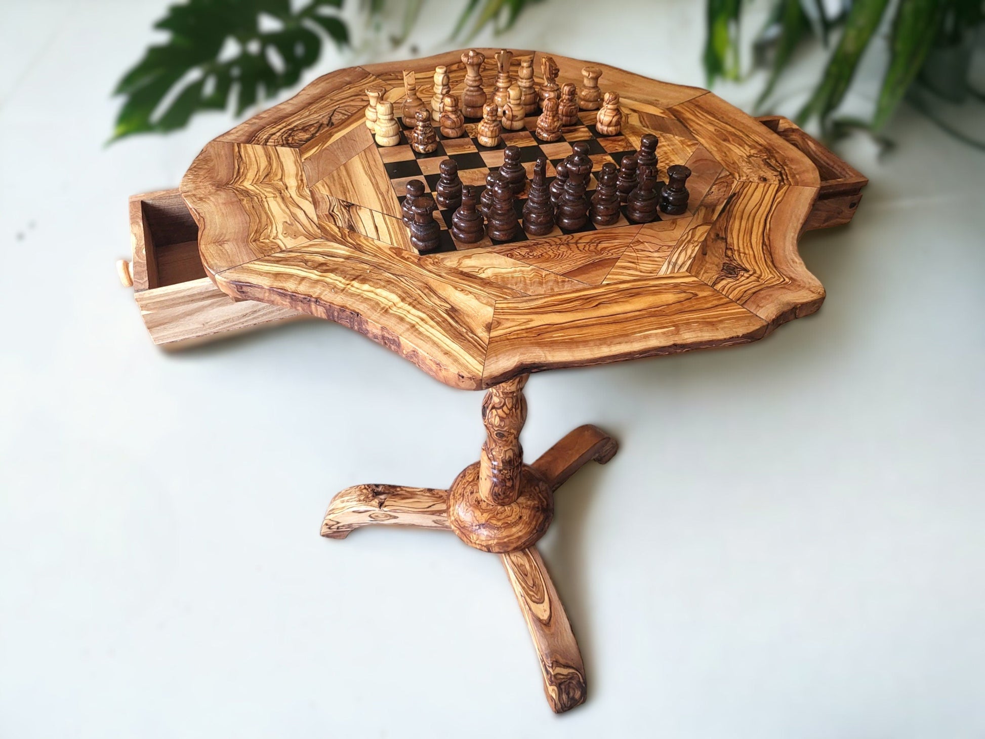 Olive Wood Chess Set 3 Legged Wooden Display Table With Built-In Chess Board