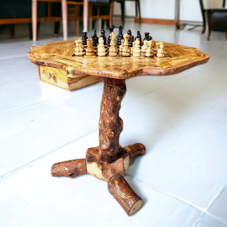 Olive Wood Natural Hand Crafted Fantasy Look Wooden Chess Board Set Table With Pieces | Unique Tabletop Board Game Chess Lovers Gift Idea