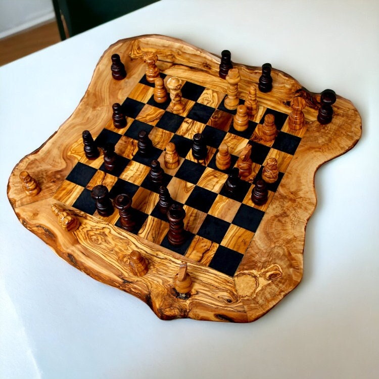 Olive Wood Handcrafted Rustic Shaped Wooden Chess Board Set With Pieces | Unique Gift Idea For Chess Lovers