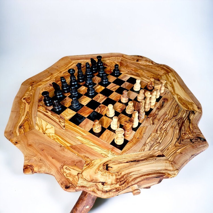 Olive Wood Natural Hand Crafted Fantasy Look Wooden Chess Board Set Table With Pieces | Unique Tabletop Board Game Chess Lovers Gift Idea