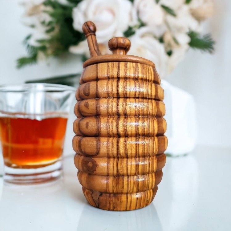 Olive Wood Wooden Honey Pot With Lid & Dipper