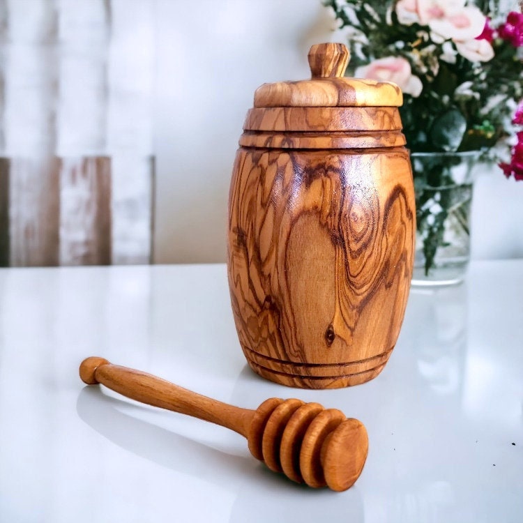 Olive Wood Wooden Honey Pot With Lid & Dipper