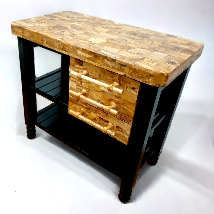 Olive Wood Table Butcher Block, Kitchen Butcher Block, small Kitchen island, Kitchen Table with 3 drawers