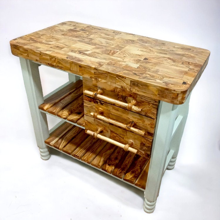 Olive Wood Table Butcher Block, Kitchen Butcher Block, small Kitchen island, Kitchen Table with 3 drawers