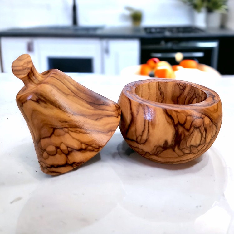 Set of olive wood Apple and pear shaped sugar bowls with spice scoops, spice bowls, handmade, natural, gift