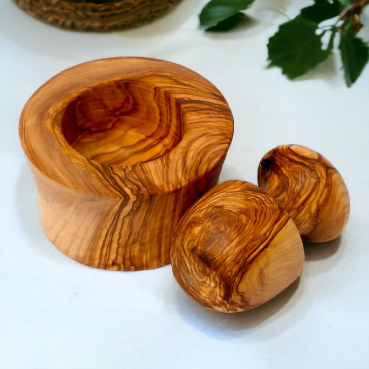 Olive Wood Garlic Grinder | Snug Fit Wooden Pestle & Mortar