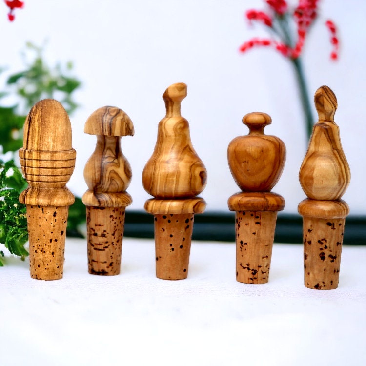 Olive Wood Wooden Bottle Stopper Handcrafted Wine Cork | Mushroom | Pear | Round | Apple