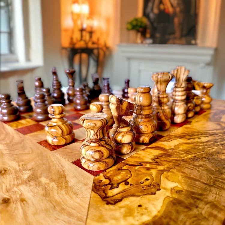 Olive Wood Wooden Handcrafted Chess Board Set W/ Pieces & Two Drawers - Perfect Unique Gift For Chess Lovers