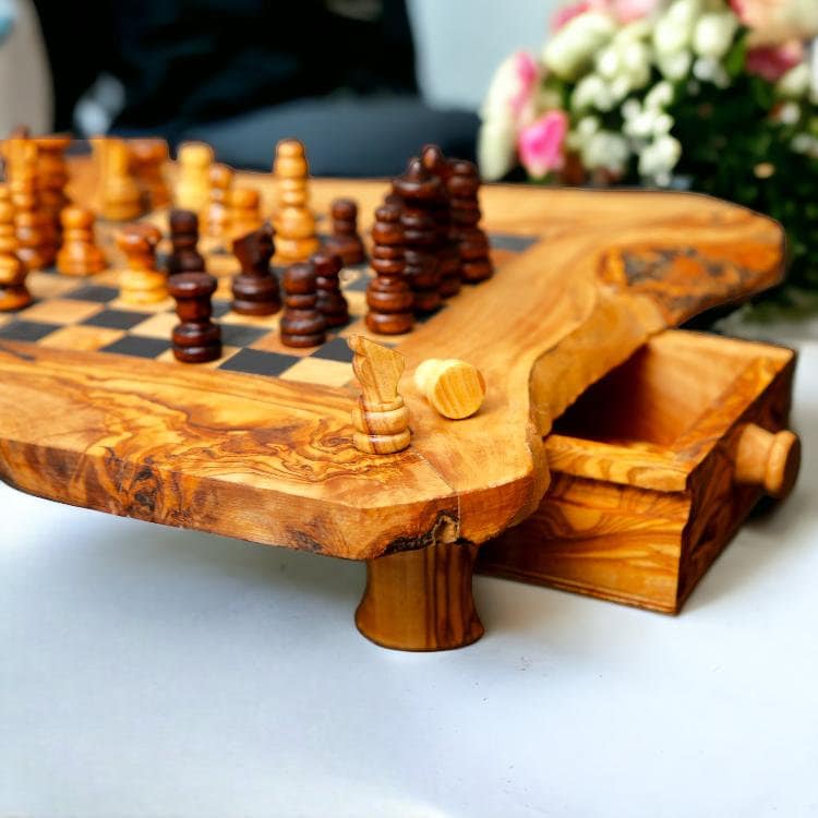 Olive Wood Wooden Handcrafted Chess Board Set W/ Pieces & Two Drawers - Perfect Unique Gift For Chess Lovers