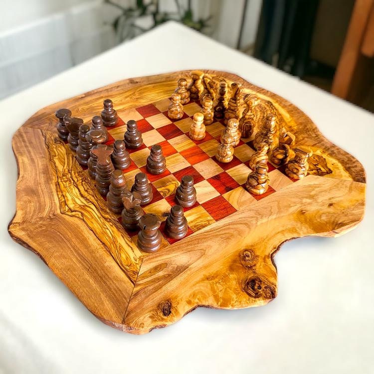 Olive Wood Handcrafted Rustic Shaped Wooden Chess Board Set With Pieces | Unique Gift Idea For Chess Lovers