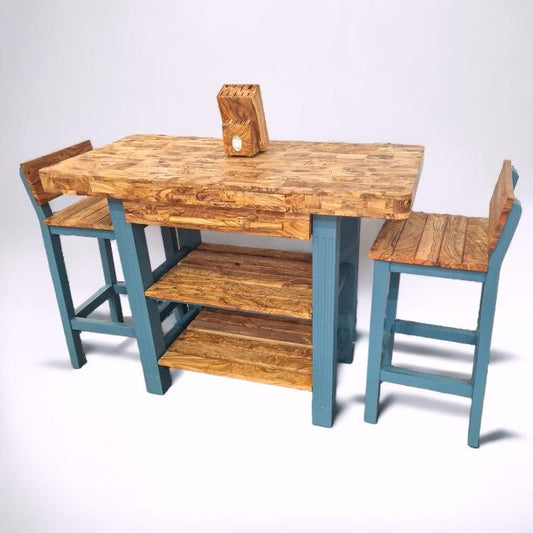 Butcher Block Scratchproof Kitchen Dining Table & 2 Chairs Set With Storage Draws Shelves