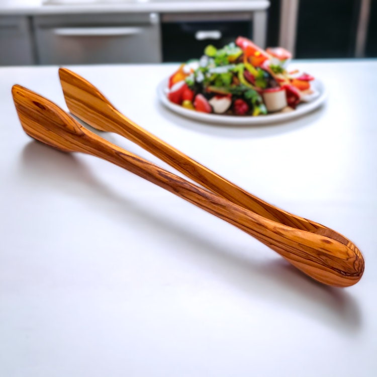 Olive Wood Handcrafted Wooden Salad Tongs