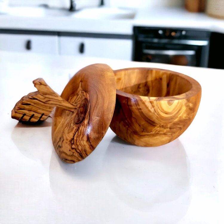 Olive Wood Handcrafted Apple Shape Wooden Sugar Spice Bowl W/ Lid | Unique Kitchen Decor Gift Housewarming