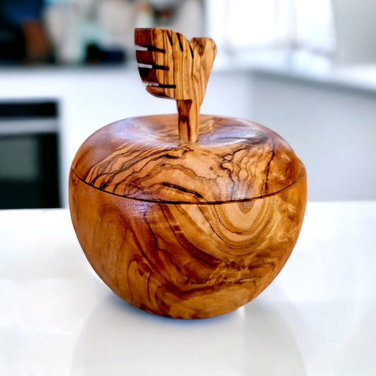 Olive Wood Handcrafted Apple Shape Wooden Sugar Spice Bowl W/ Lid | Unique Kitchen Decor Gift Housewarming