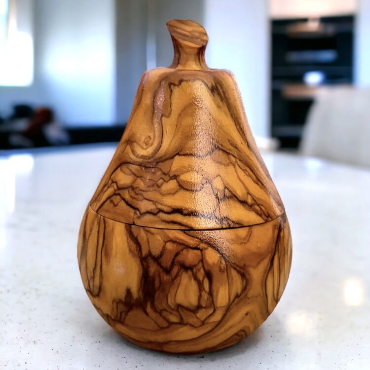 Olive Wood Handcrafted Pear Shaped Wooden Coffee/Sugar/Spice Bowl W/ Lid