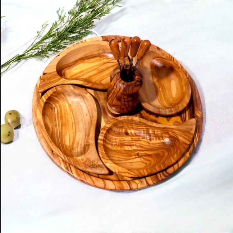 Olive Wood Handcrafted Wooden 4 Piece Appetizer Set Serving Tray/Platter W/ Skewers