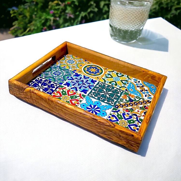 Rectangular Olive Wood Ceramic Tray with Handle