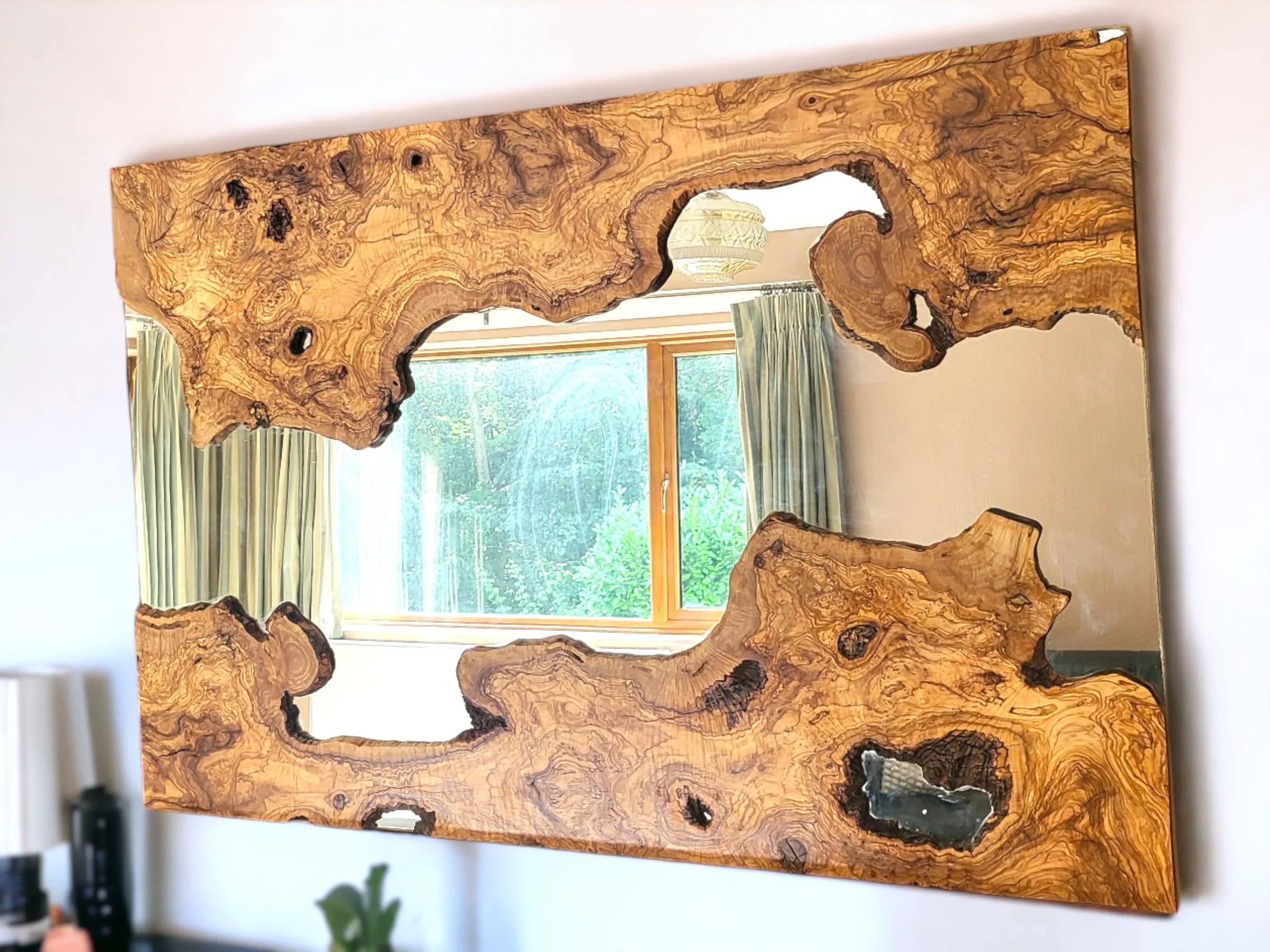 Olive wood framed wooden wall mirror – handcrafted, natural design