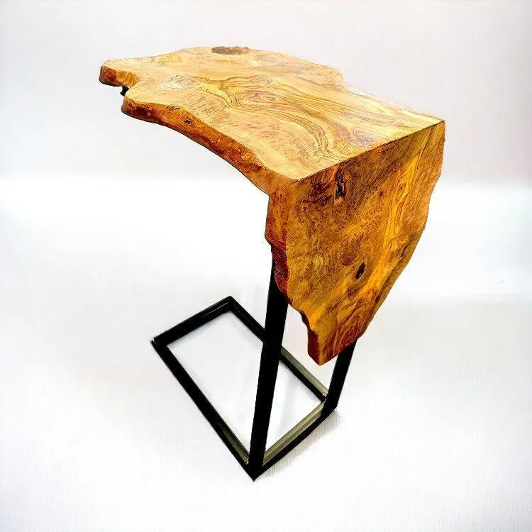 C shaped table with metal – handcrafted and natural design