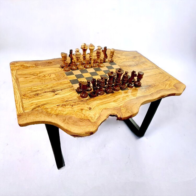 Irregular Shape Olive Wood Chess Table & Pieces With Metal Frame