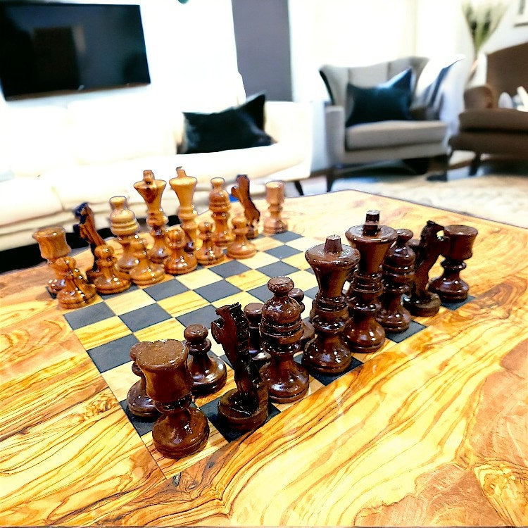 Irregular Shape Olive Wood Chess Table & Pieces With Metal Frame