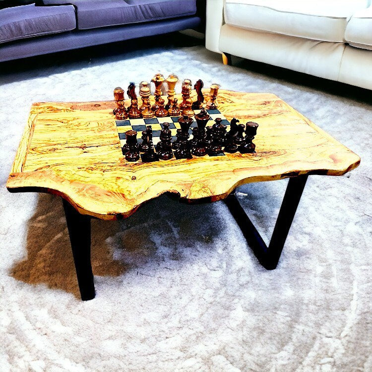 Irregular Shape Olive Wood Chess Table & Pieces With Metal Frame