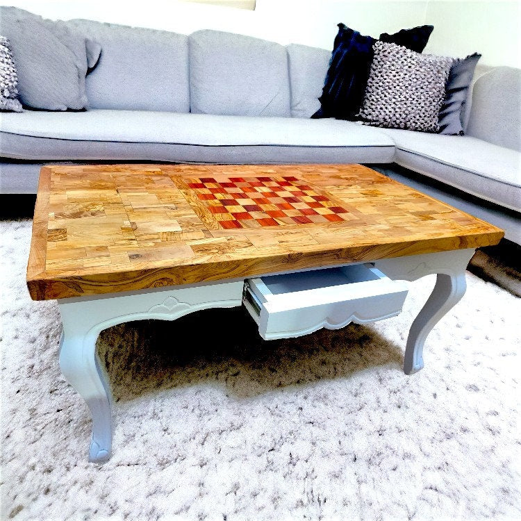 Olive Wood Handcrafted Rectangular End Grain Living Room Chess Coffee Table With Drawer