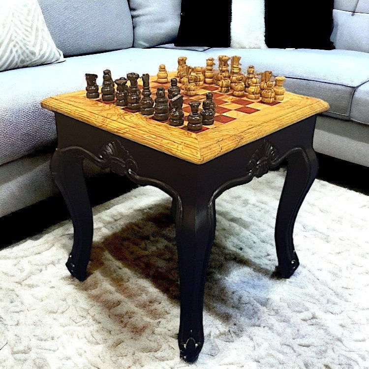 Square Olive Wood Handcrafted Wooden Chess Table Black/White With Pieces