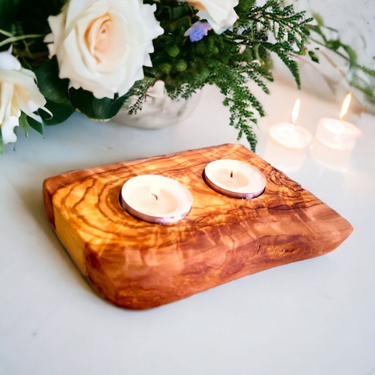 Olive Wood Flat Wooden Tealight Candle Holder | Various Sizes