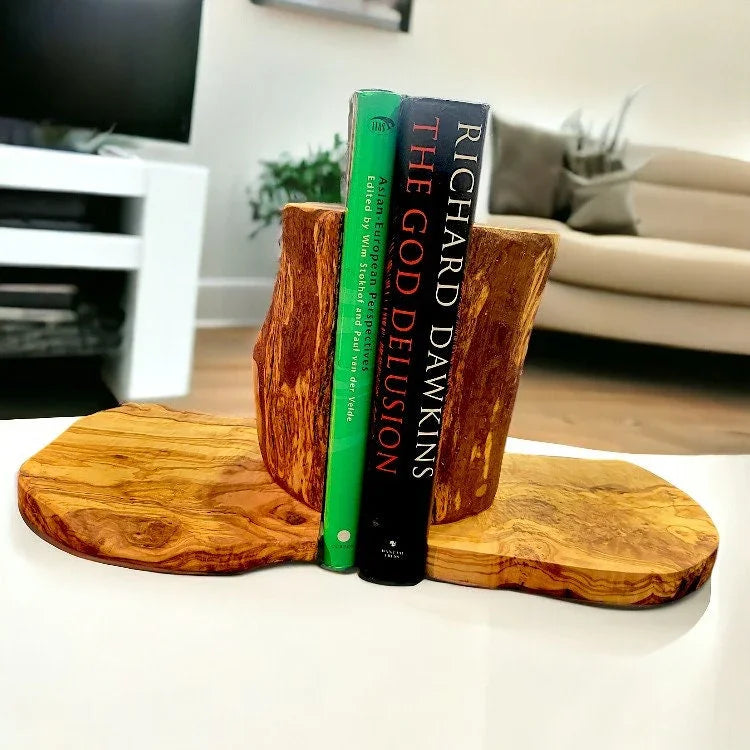Olive wood rustic wooden bookends/bookstand – handcrafted and natural design