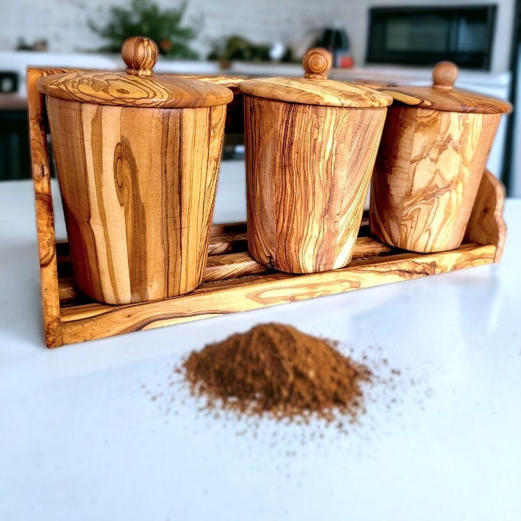 Olive Wood Wooden Spice Rack With 3 Containers & Lids