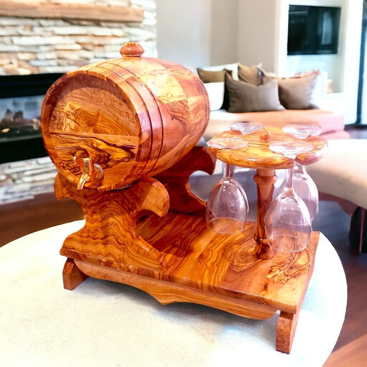 Olive Wood Wine Barrel W/ Stand | Built-in Wine Glass Holder | Dining Table Centre Piece | Dinner Party Decor | Unique Housewarming Gift