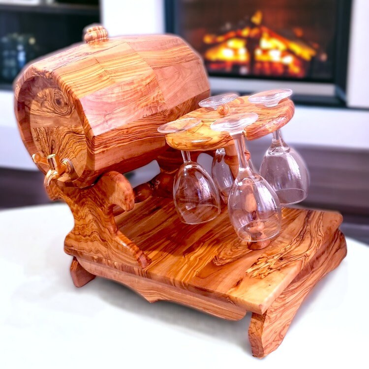 Olive Wood Wine Barrel W/ Stand | Built-in Wine Glass Holder | Dining Table Centre Piece | Dinner Party Decor | Unique Housewarming Gift