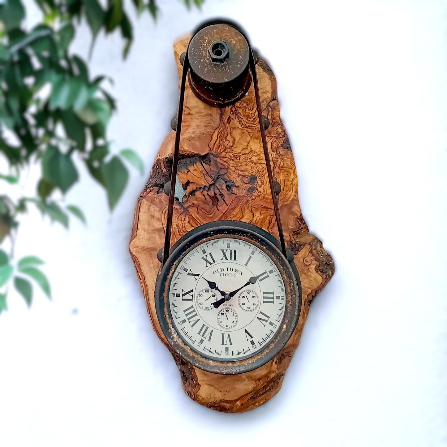 Olive Wood Rustic Round Wall Clock Roman Numeral Dial