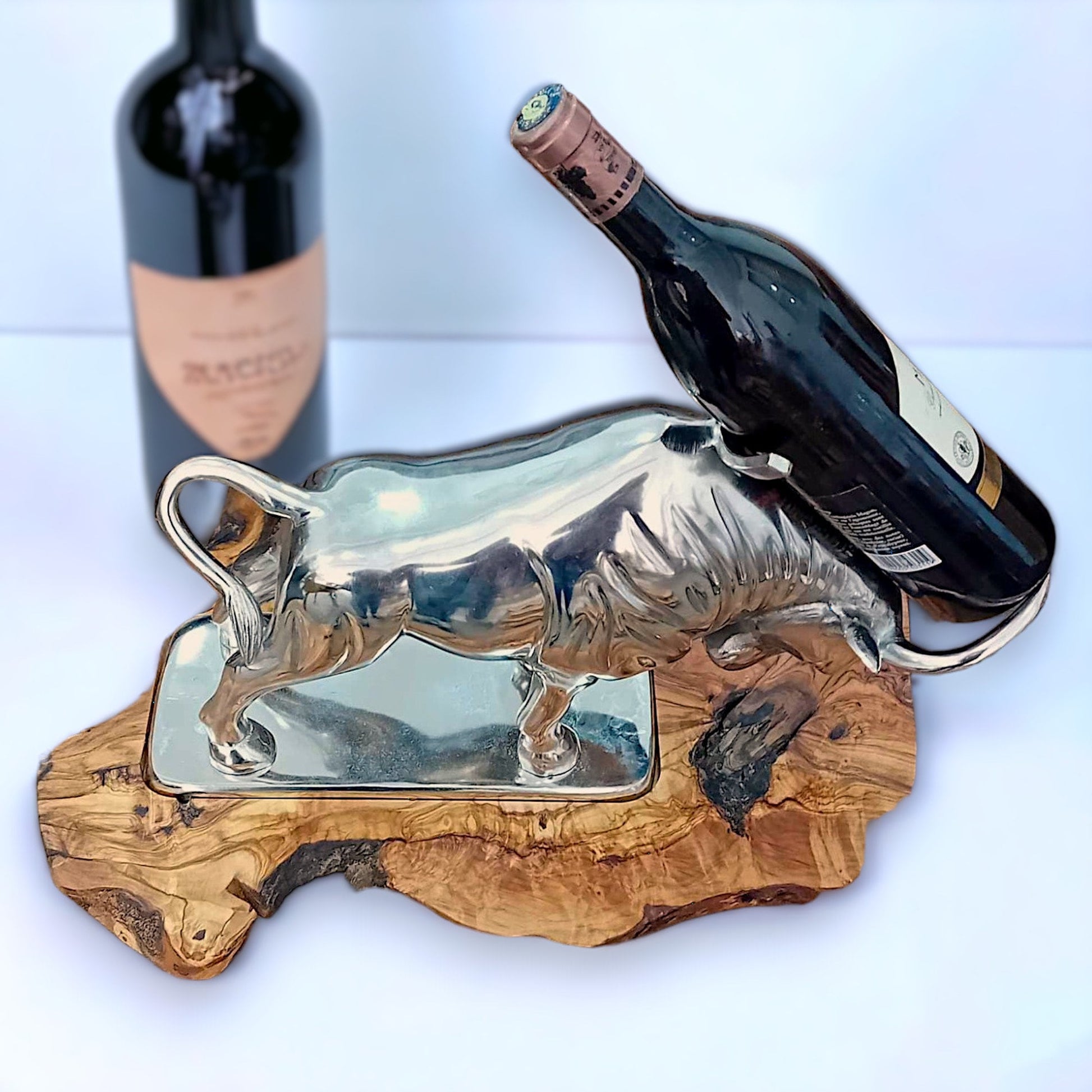 Bull Bottle Holder With Handcrafted Olive Wood Base