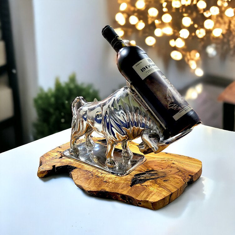 Bull Bottle Holder With Handcrafted Olive Wood Base