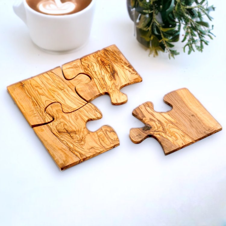 Olive Wood Puzzle Piece Wooden Coaster Set | Unique Gift Idea