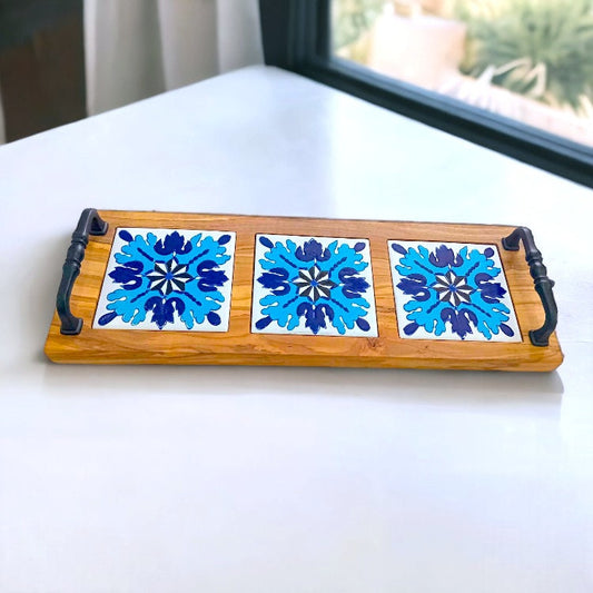 Rectangular Olive Wood Ceramic Tray with Handles