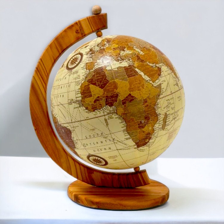 World Earth Globe | Handcrafted Olive Wood | Wooden Stand | Decorative Office Gift