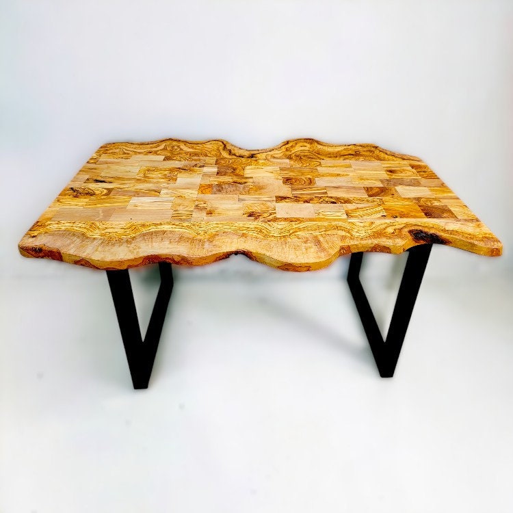 Irregular Shape Rustic Olive Wood Table With Metal Frame