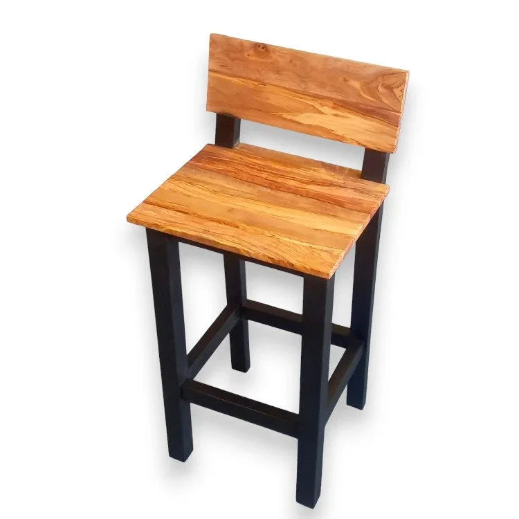 Olive Wood Handcrafted Wooden Bar Stool With Back Rest