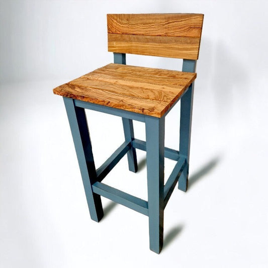 Olive Wood Handcrafted Wooden Bar Stool With Back Rest