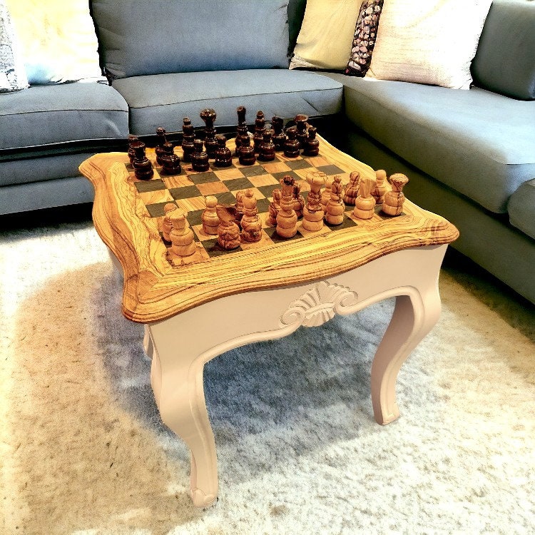 Square Olive Wood Handcrafted Wooden Chess Table Black/White With Pieces