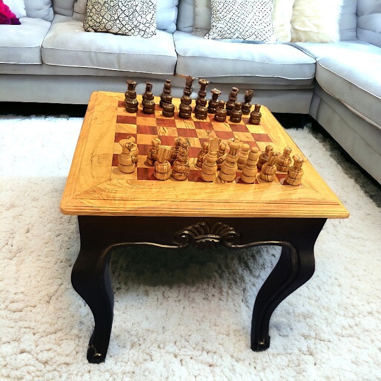 Square Olive Wood Handcrafted Wooden Chess Table Black/White With Pieces