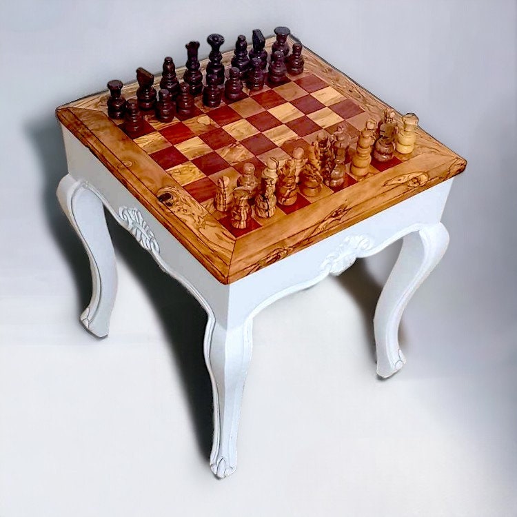 Square Olive Wood Handcrafted Wooden Chess Table Black/White With Pieces